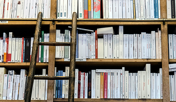 Ladder resting against a bookcase full of books